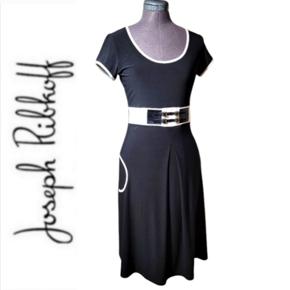 Joseph Ribkoff Dresses & Skirts - Joseph Ribkoff Black with White Trim Midi Dress Short Sleeve Belt Detail Size 6